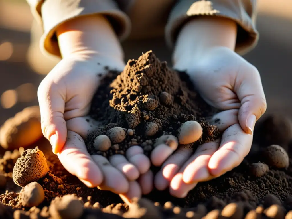Manos de niño en la tierra: inmunidad y limpieza Manos de niño cubiertas de tierra bajo el sol, destacando la importancia de la higiene en niños y sistema inmunológico