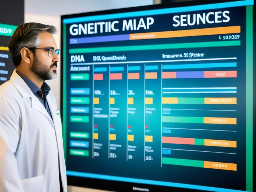 Mapeo genético detallado de trastornos inmunes hereditarios Mapa genético detallado de enfermedades hereditarias del sistema inmunológico, con marcadores y etiquetas coloridas que muestran variaciones genéticas y su impacto en el sistema inmunológico, rodeado de equipos científicos y investigadores