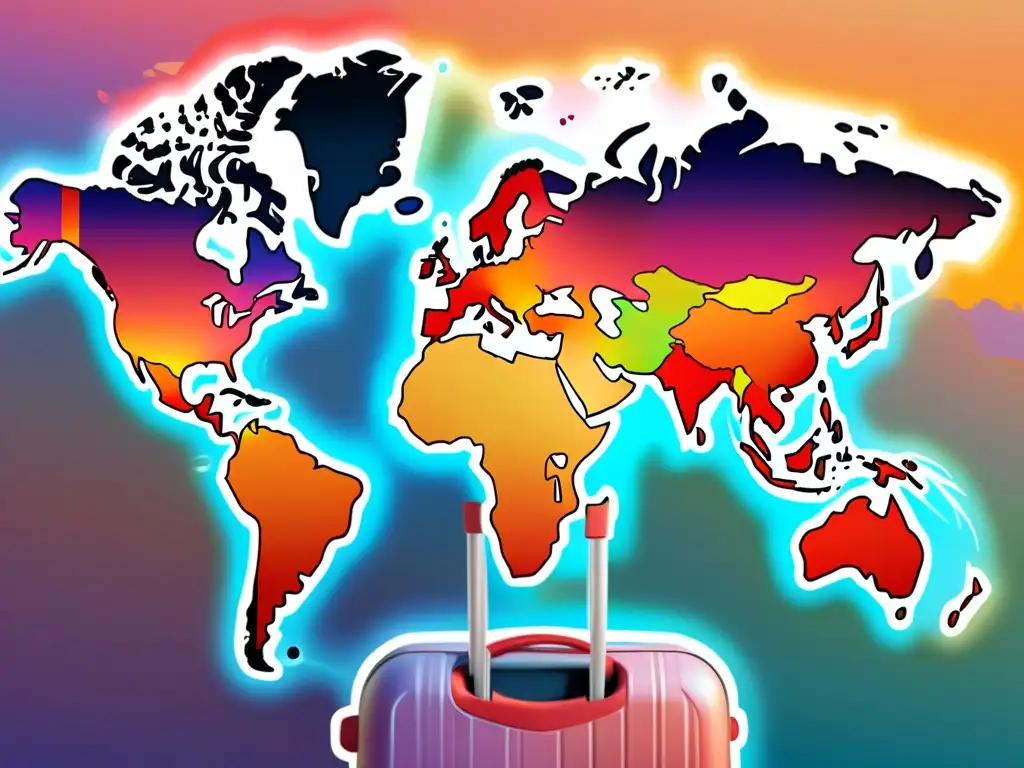 Mapa mundial de viajes con conexiones coloridas y viajeros protegidos Mapa mundial vibrante con rutas de viaje coloridas y viajeros con mascarillas, transmitiendo seguridad internacional en enfermedades inmunológicas
