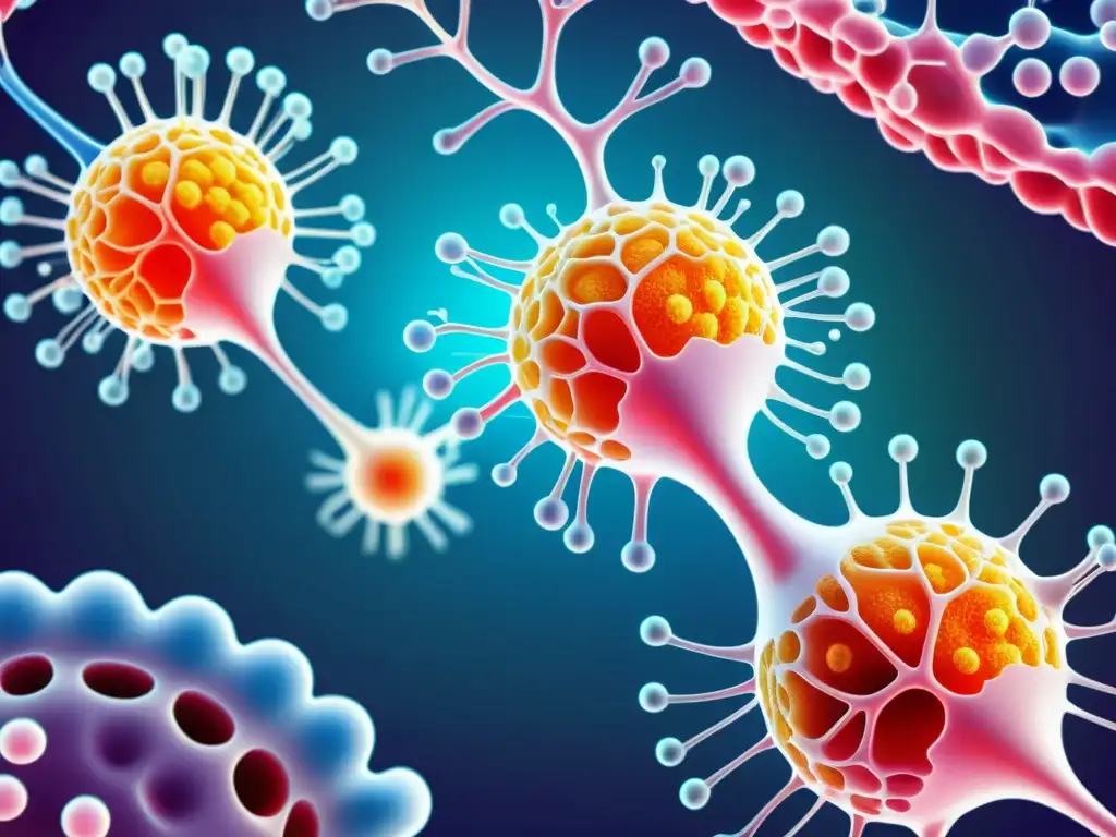 Una ilustración médica detallada del sistema inmunológico humano, con una red de ganglios linfáticos, glóbulos blancos y anticuerpos