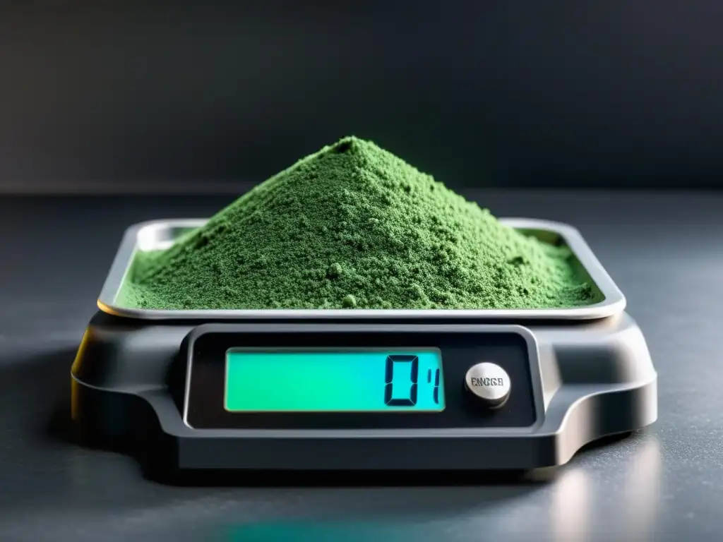 Medición exacta de espirulina en polvo vibrante en balanza digital Medición precisa de polvo de espirulina verde en báscula digital negra mate