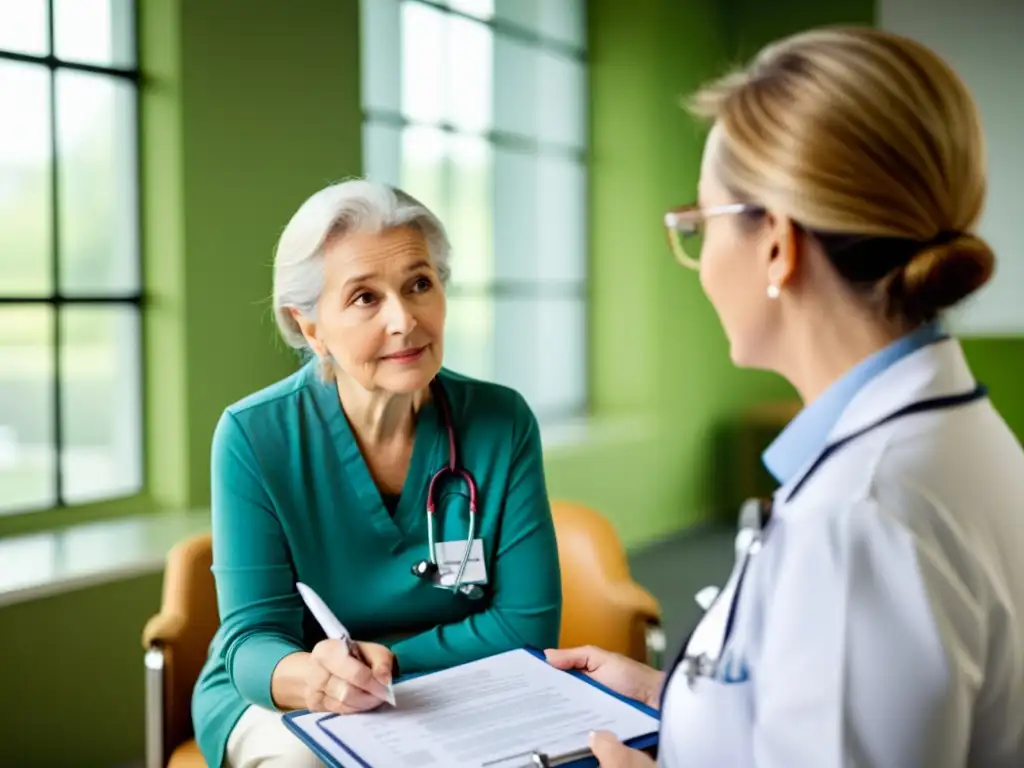 Atención médica para personas mayores: confianza y seguridad Un médico atento escucha a un anciano en una consulta moderna y luminosa, transmitiendo confianza y seguridad