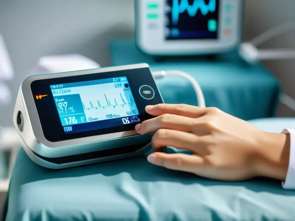 Atención médica moderna con pulsioxímetro de alta precisión Un médico atento usa un oxímetro de pulso en un paciente en una moderna habitación de hospital