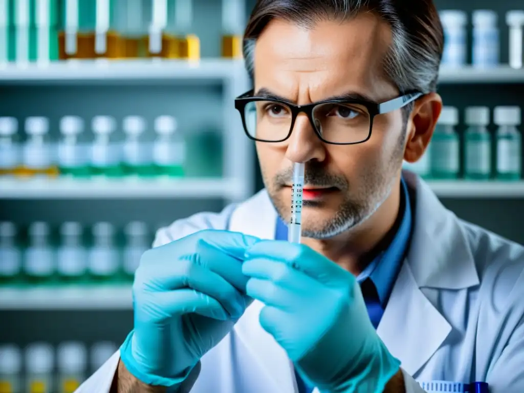 Doctor concentrado extrayendo vacuna de vial Un médico concentrado extrae vacuna de un vial, listo para administrarla