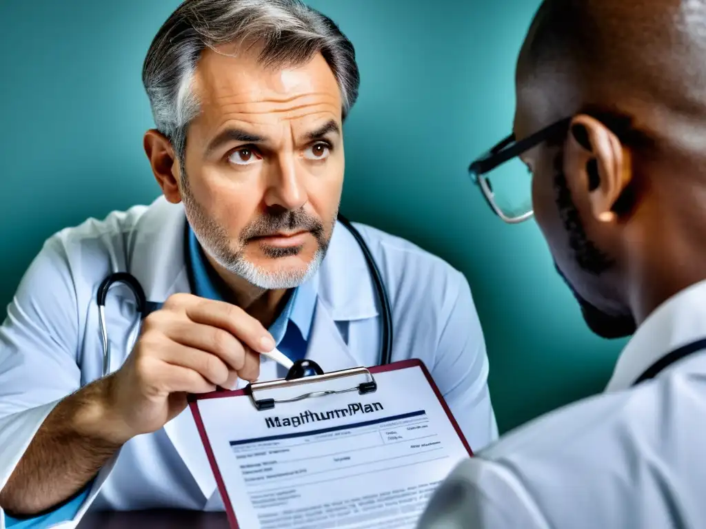 Revisión detallada del contrato de inmunoterapia por un médico Un médico revisa detalladamente un contrato con una lupa, enfocado y serio