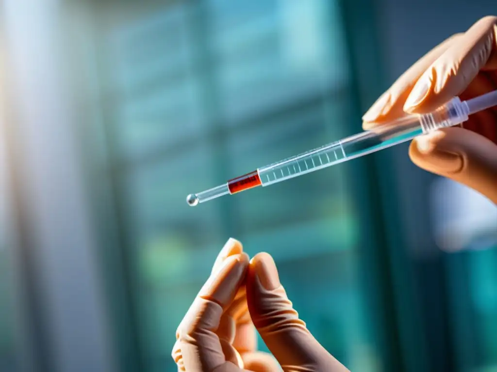 Vacuna brillante en mano de doctor Un médico sostiene una jeringa con vacuna en un entorno médico moderno