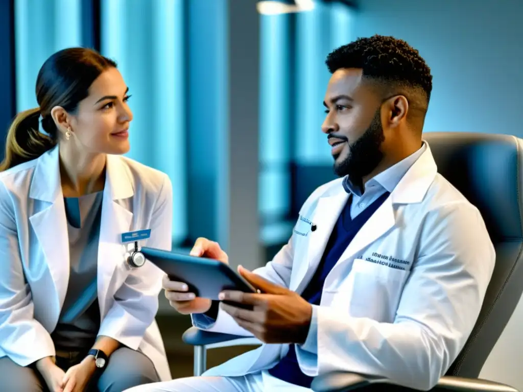 Conversación médica sobre tratamientos para trastornos inmunológicos El médico explica el mejor plan de salud para trastornos inmunológicos a su paciente en un entorno médico moderno y tranquilizador