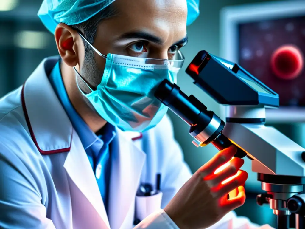 Examen de sangre detallado en laboratorio médico Un médico examina detalladamente una muestra de sangre en un moderno laboratorio médico