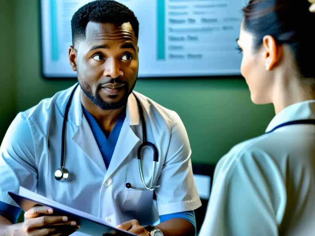 Conversación médica empoderadora en consulta moderna Un médico discute un plan de tratamiento con un paciente en una consulta moderna y luminosa