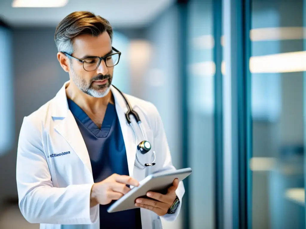Doctor revisando resultados en moderno consultorio médico Un médico revisa resultados en una tablet, mientras el paciente escucha atentamente