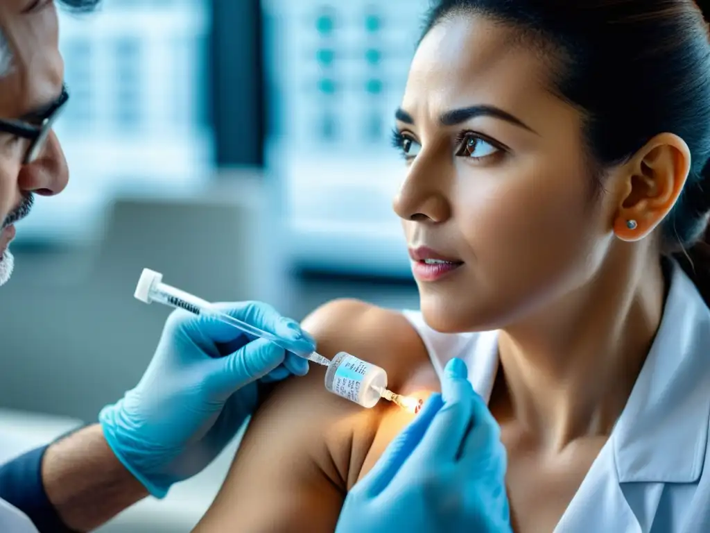 Vacunación precisa: protección inmunológica en adultos Un médico administra una vacuna a un paciente adulto en un entorno médico limpio y bien iluminado, destacando la importancia de las vacunas para proteger el sistema inmunológico en la edad adulta