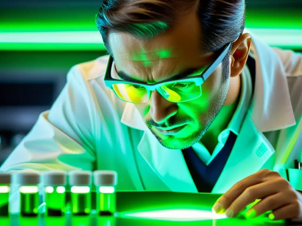 Experto médico examinando vial fluorescente en laboratorio de vanguardia Un médico examina detenidamente un vial con líquido verde fluorescente bajo un microscopio en un laboratorio moderno, transmitiendo precisión y expertise en investigaciones para tratamientos de inmunodeficiencias