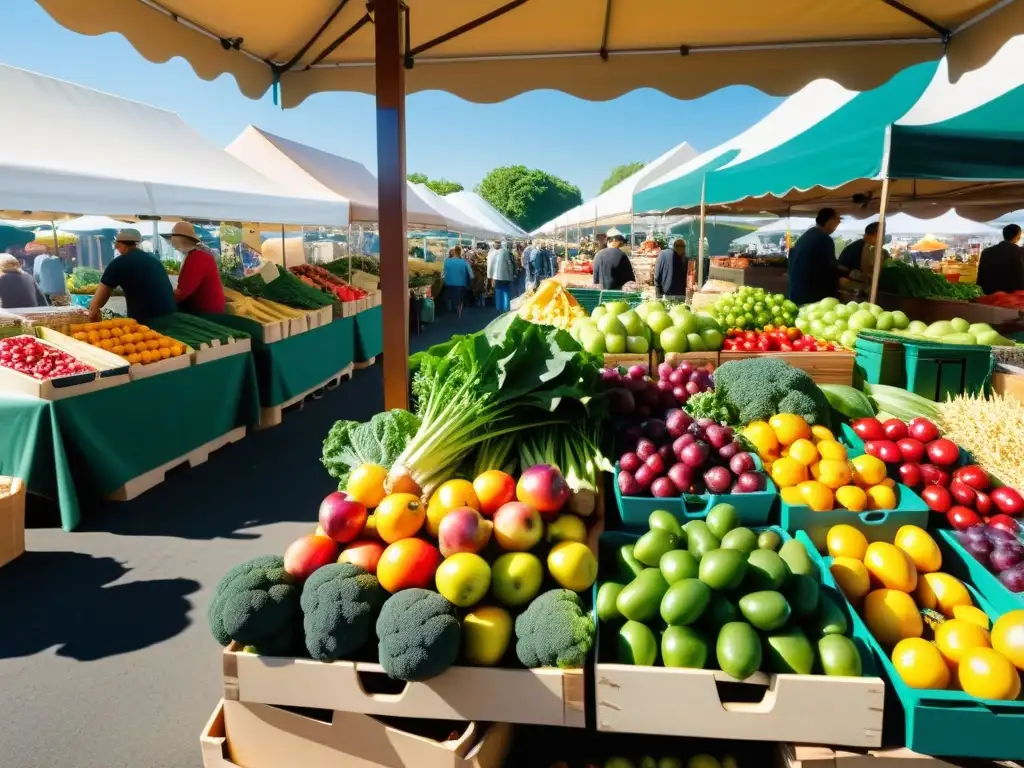 Un mercado rebosante de frutas y verduras frescas, bañado por cálidos rayos de sol