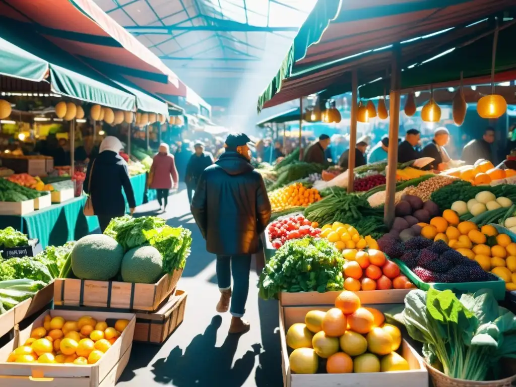 Un mercado vibrante lleno de frutas y verduras coloridas, incluyendo alimentos para fortalecer el sistema inmunológico