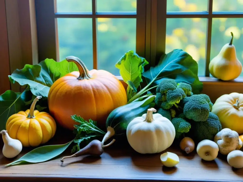 Una mesa de madera con una variedad de frutas y verduras de otoño, iluminada por luz natural