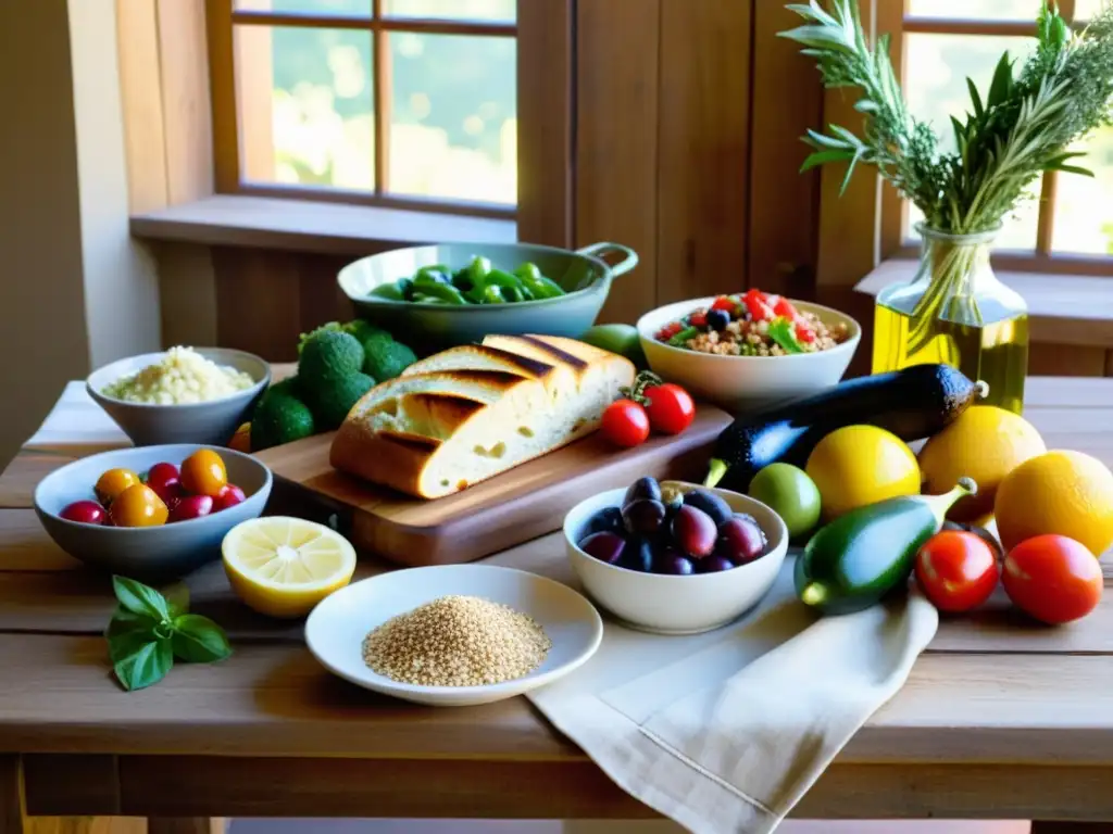 Exquisita mesa mediterránea: frescura y vitalidad Una mesa rústica llena de alimentos frescos y coloridos, que reflejan la vitalidad y la riqueza de la Dieta Mediterránea sistema inmunológico