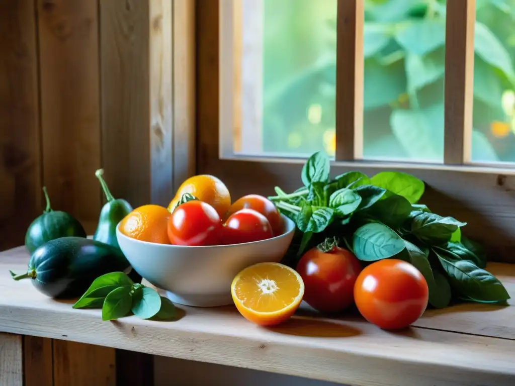 Deliciosos alimentos mediterráneos en una mesa rústica Una mesa rústica con una vibrante variedad de frutas y verduras mediterráneas frescas