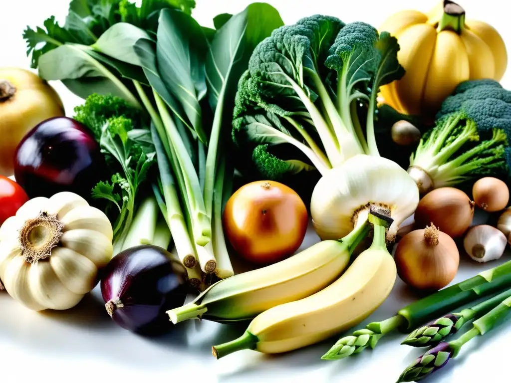 Deliciosos alimentos ricos en inulina y oligofructosa Una mezcla colorida de frutas y verduras ricas en inulina y oligofructosa, iluminadas suavemente, en una composición impactante