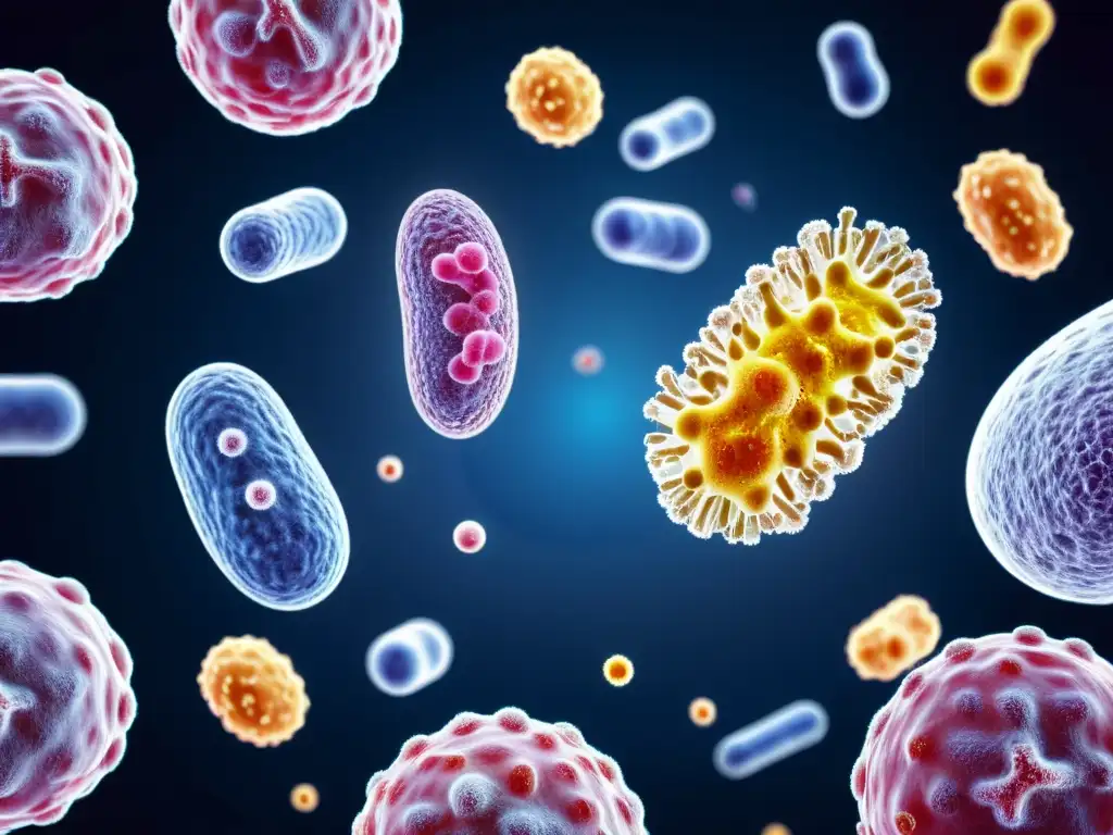 Interacción probiótica: terapia prometedora para enfermedades autoinmunes Microbiota probiótica interactuando con células del sistema inmune en el intestino, ilustrando los beneficios probióticos en enfermedades autoinmunes