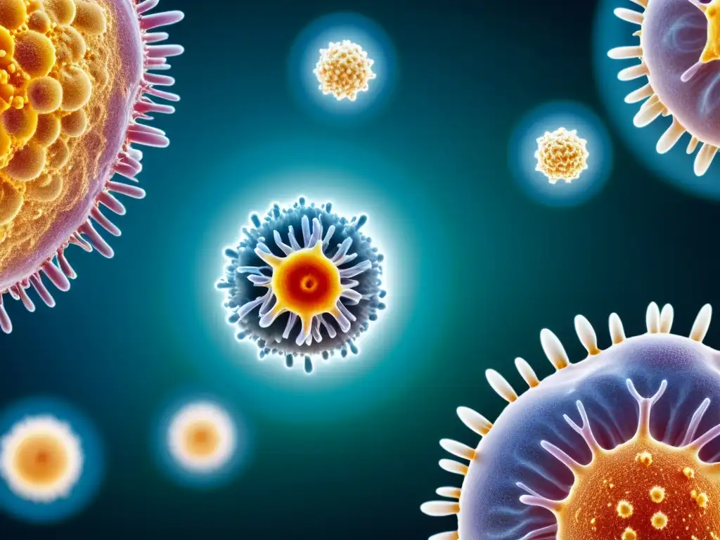 Inmunidad bajo ataque: Detalles microscópicos de contaminación acuática Microfotografía detallada de contaminación del agua y sistema inmunitario, destacando sus efectos en células macrofágicas y T