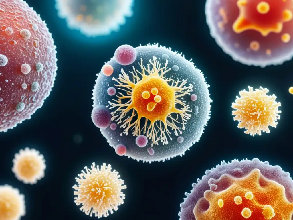 Interacción microplástico-células inmunitarias: el impacto visual Microplásticos impactando en inmunidad: células inmunes interactúan con microplásticos en una imagen 8k detallada y vibrante
