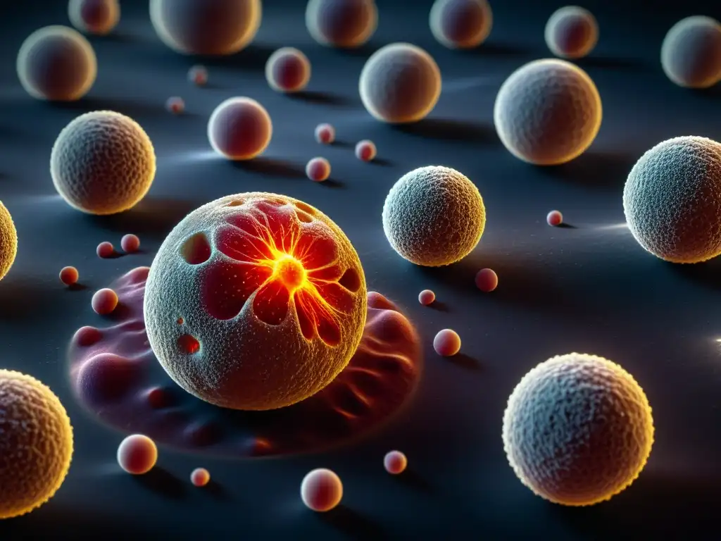 Microscopio: Estrés inflamatorio en células inmunitarias Microscópica vista de células inmunes bajo estrés, con signos de inflamación y actividad reducida