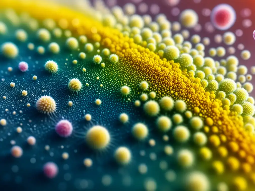 Microscópica belleza alergénica: polen, polvo y caspa de mascotas en detalle Microscópica vista detallada de alérgenos suspendidos en el aire, mostrando su compleja estructura en colores vivos