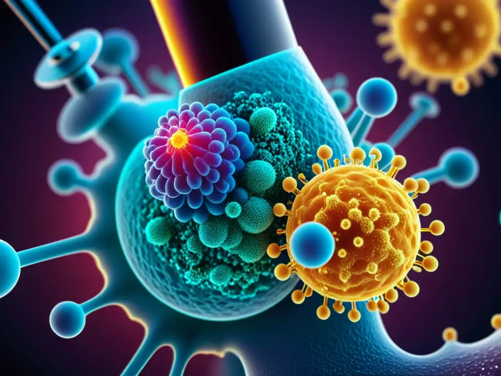Microscopio revela interacción de anticuerpos y antígenos Microscopio capturando la función de los anticuerpos en inmunidad con colores vibrantes y enfoque preciso en las interacciones moleculares a nivel celular