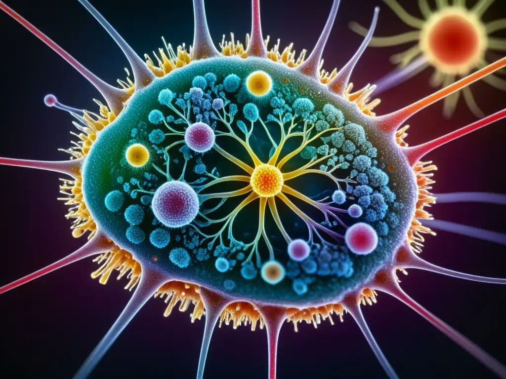 Interacción de células inmunes en microscopio: detalle vibrante Microscopio muestra células inmunes en red, destacando la relación entre vida sexual activa y sistema inmunológico