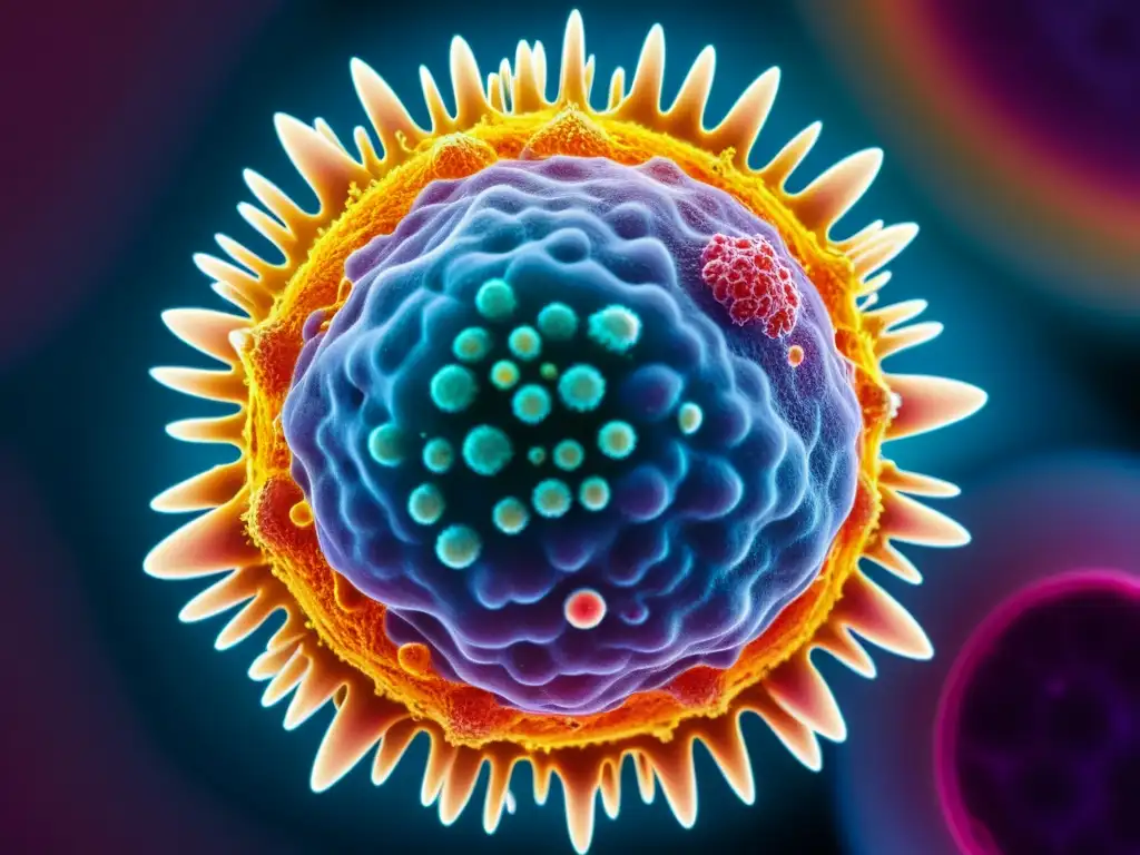 Inmunocélula en detalle: Estrés y sistema inmune Microscopio muestra célula inmune con influencia del estrés en inmunidad, colores vibrantes representan la compleja interacción