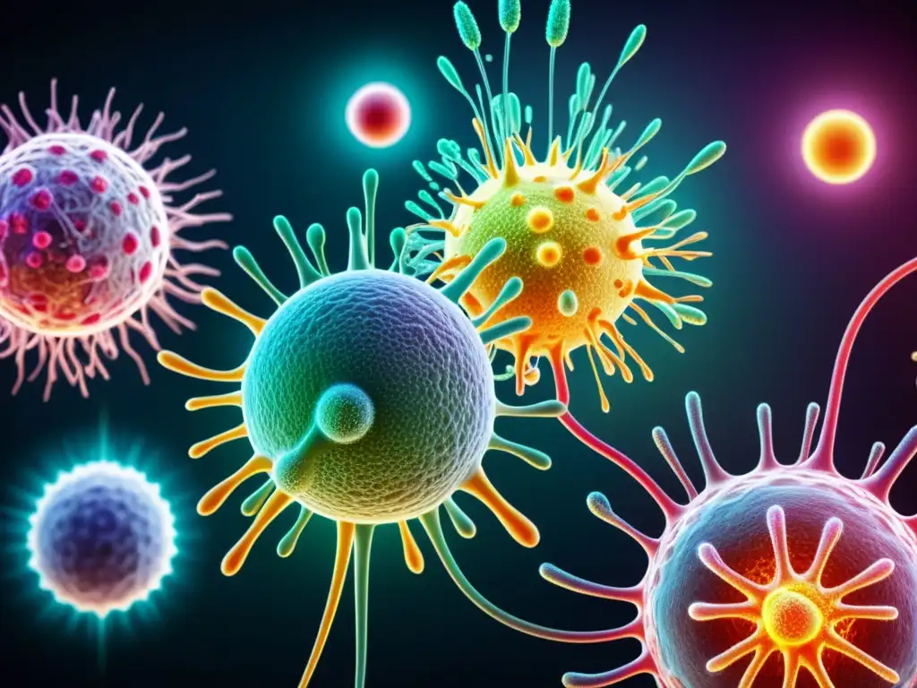 Una ilustración moderna de células del sistema inmunitario y anticuerpos en una batalla dinámica dentro del cuerpo humano