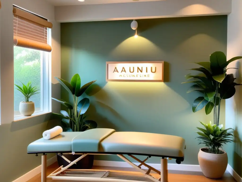 Clínica de Acupuntura Moderna: Serenidad y Bienestar Moderna clínica de acupuntura, ambiente sereno con luz natural, decoración minimalista y paleta de colores relajante