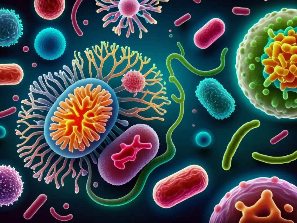 Ilustración moderna y detallada de la microbiota intestinal humana, destacando su diversidad y complejidad
