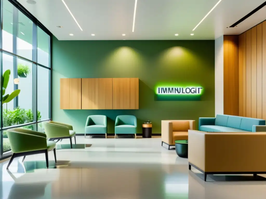 Moderno lobby médico con inmunólogos especializados Recepción de clínica moderna con diseño minimalista, luz natural y especialistas inmunológicos transmitiendo calma y profesionalismo