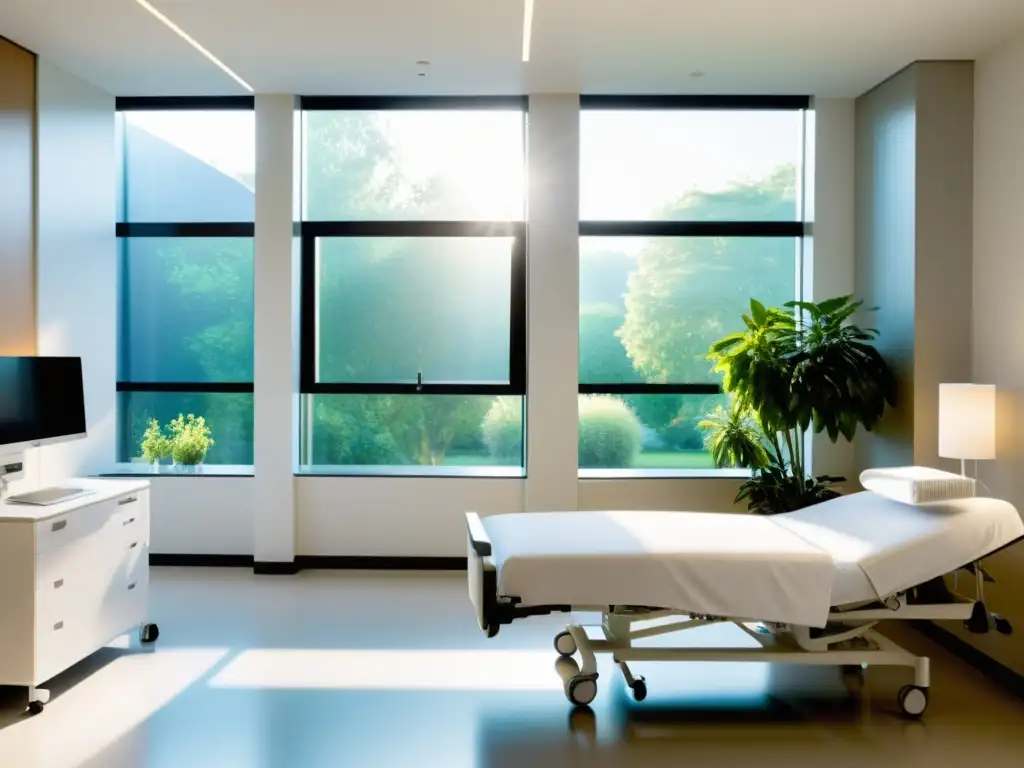 Habitación hospitalaria moderna con cuidados avanzados y serenidad Una moderna habitación de hospital con vista a un sereno jardín