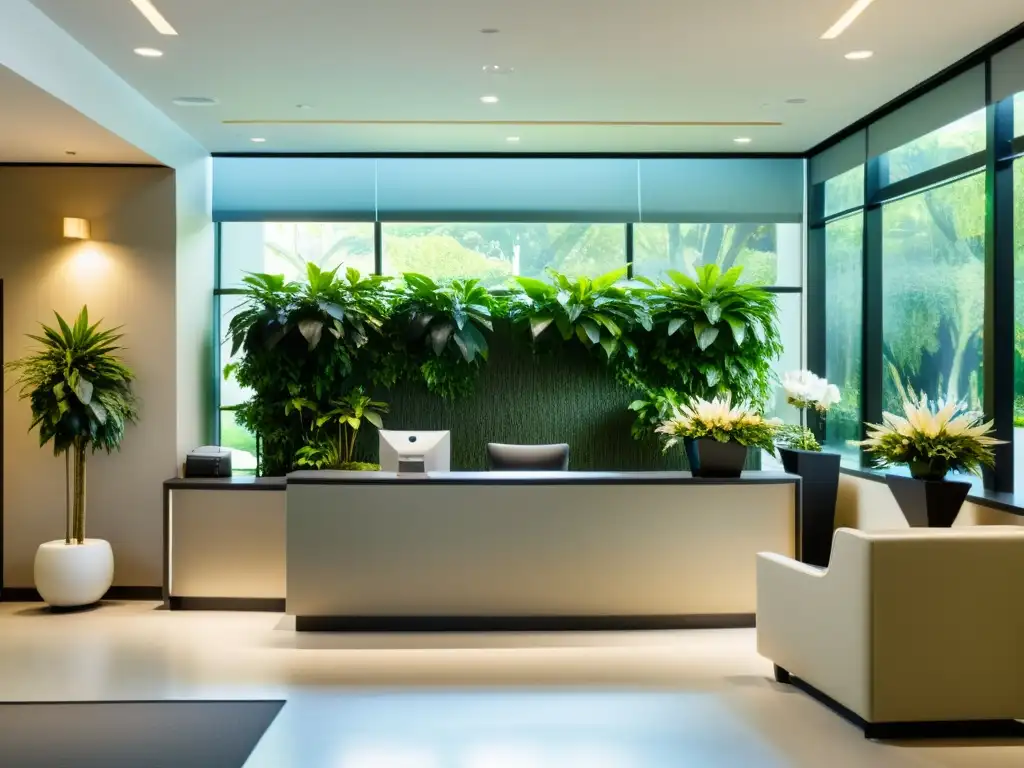 Recepción médica moderna y serena con vista al jardín Recepción médica moderna y tranquila con vista a un jardín exuberante