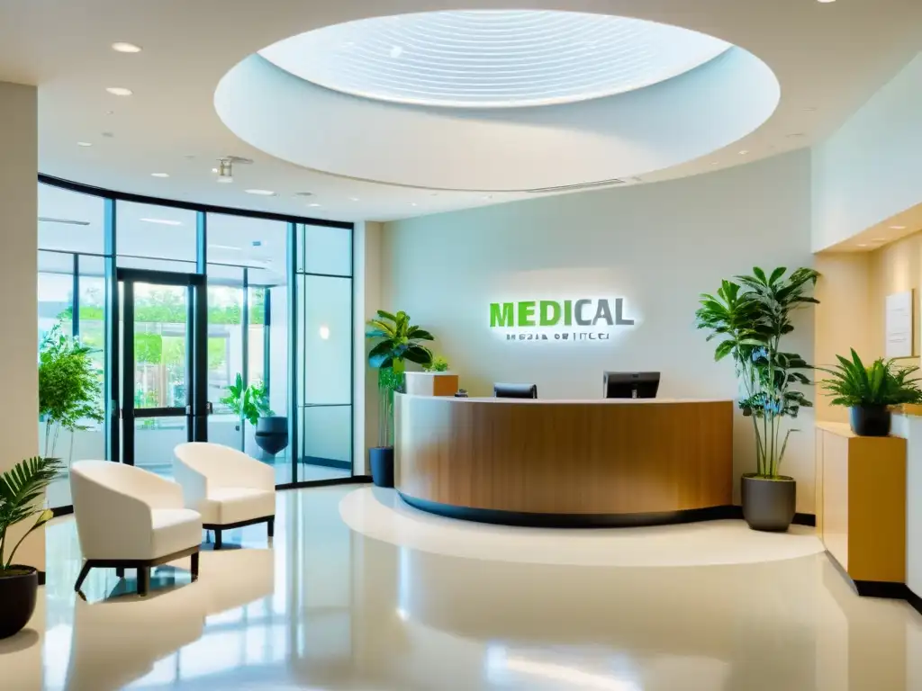 Recepción médica inclusiva y serena con luz natural Moderno y acogedor vestíbulo médico con pacientes diversos y personal amable