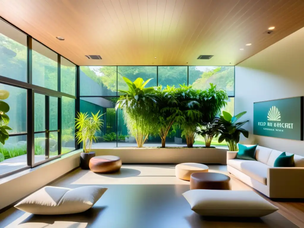Centro de bienestar holístico con luz natural y jardín exuberante Moderno centro de bienestar con luz natural, plantas y mural