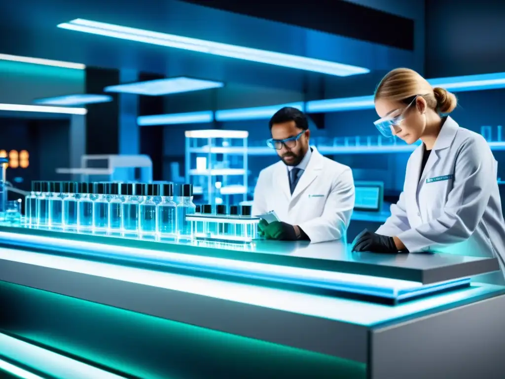 Laboratorio futurista: desarrollo de vacunas de vanguardia Lab moderno con científicos trabajando en avances vacunas biotecnología siglo XXI
