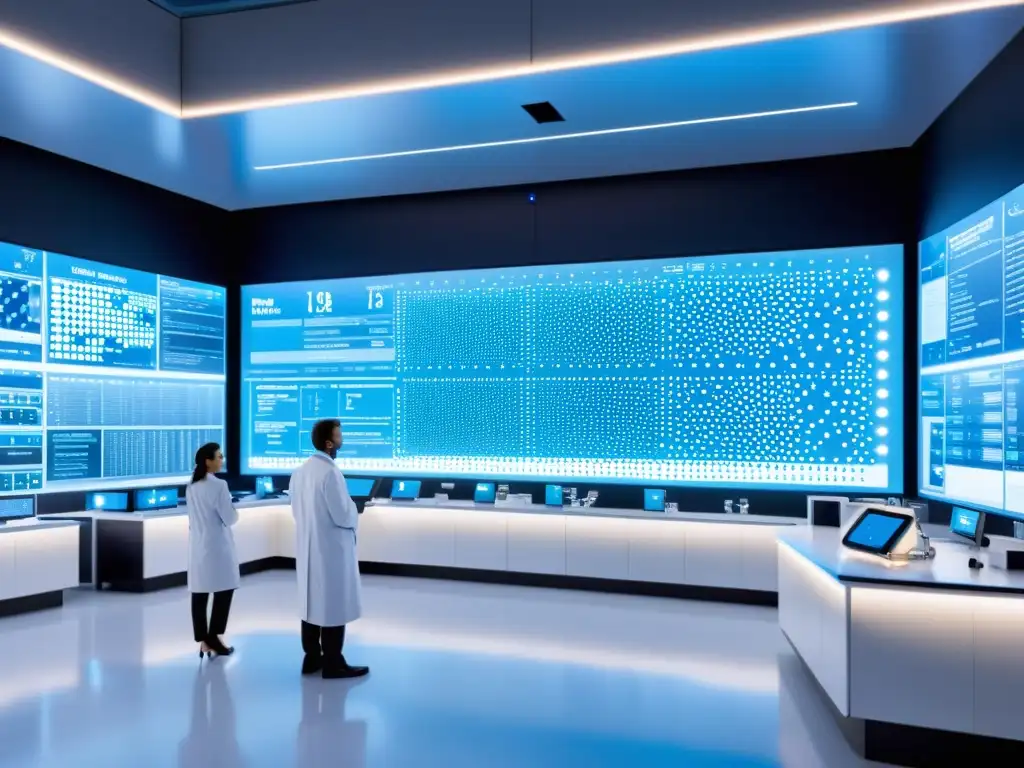 Lab de Investigación Avanzada: Científicos y Vacunas mRNA Lab moderno con científicos y tecnología ARNm vacunas historia, iluminación azul y blanca, innovación científica