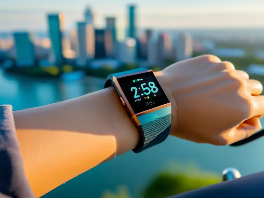 Un moderno Fitbit Charge 4 en la muñeca muestra datos de salud y actividad con la ciudad de fondo, equilibrando vida urbana y bienestar