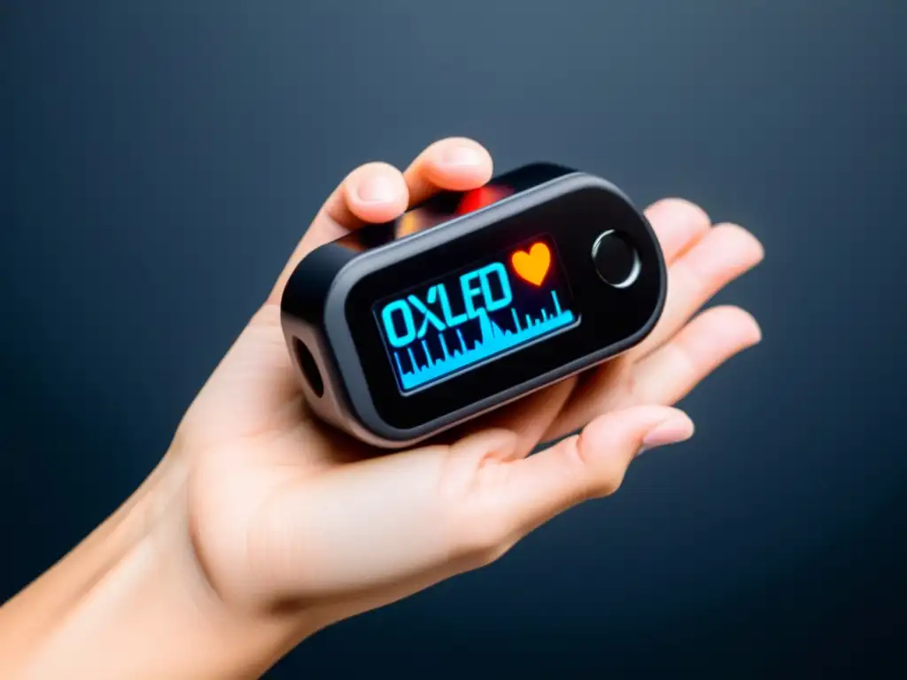 Un moderno dispositivo oxímetro con pantalla OLED vibrante muestra mediciones en tiempo real