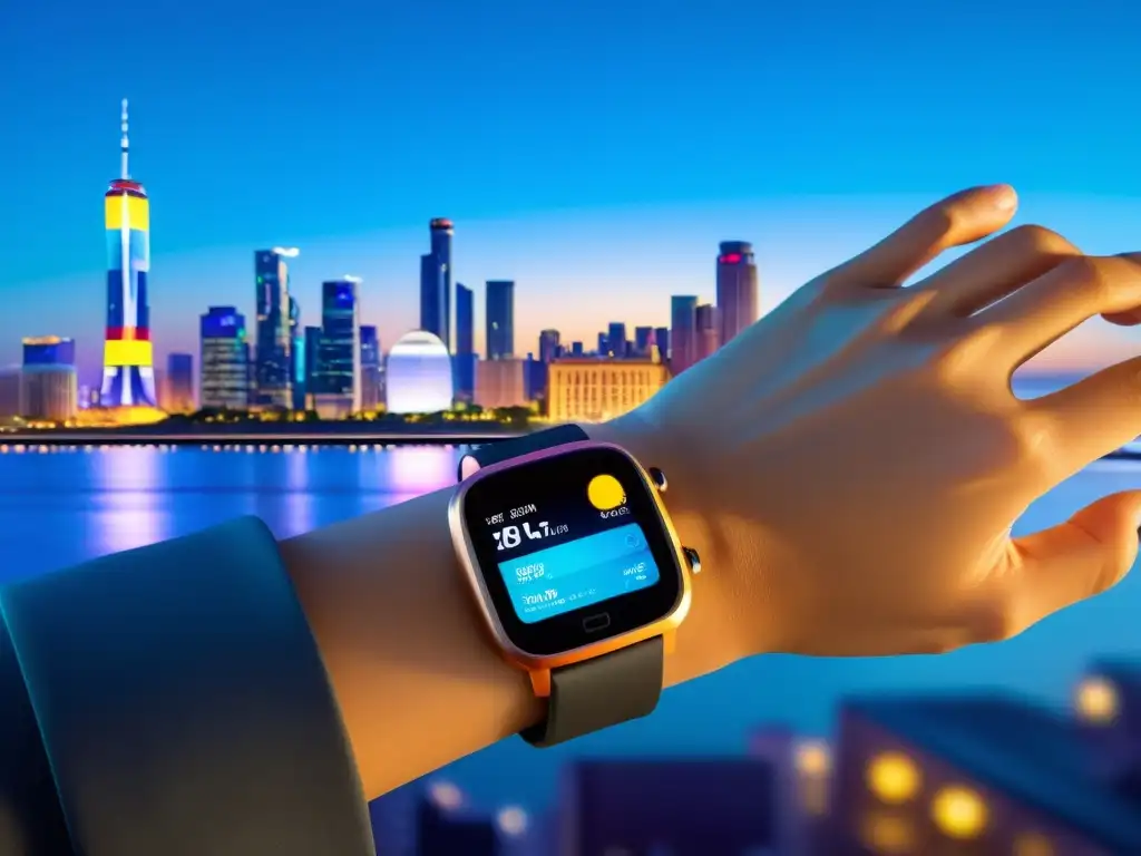 Monitor de salud futurista muestra datos ambientales en tiempo real Un moderno dispositivo wearable muestra datos de salud ambiental en tiempo real, con una ciudad de fondo