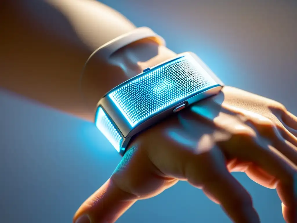 Dispositivo wearable de alta tecnología: diseño moderno y elegante Un moderno dispositivo wearable de diseño elegante, con luces LED, emitiendo vibraciones suaves en la muñeca de una persona