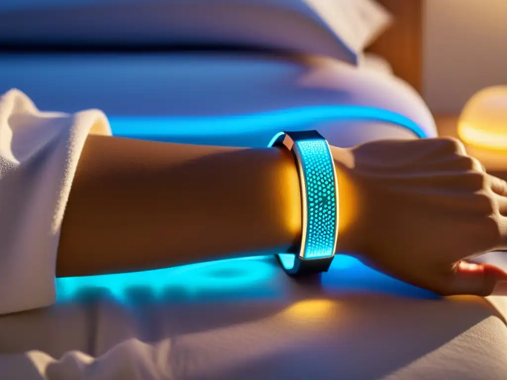 Dispositivo wearable de alta tecnología para mejorar la salud inmunológica Un moderno dispositivo wearable para mejorar el sistema inmunológico, con patrones futuristas en la banda y una pantalla luminosa