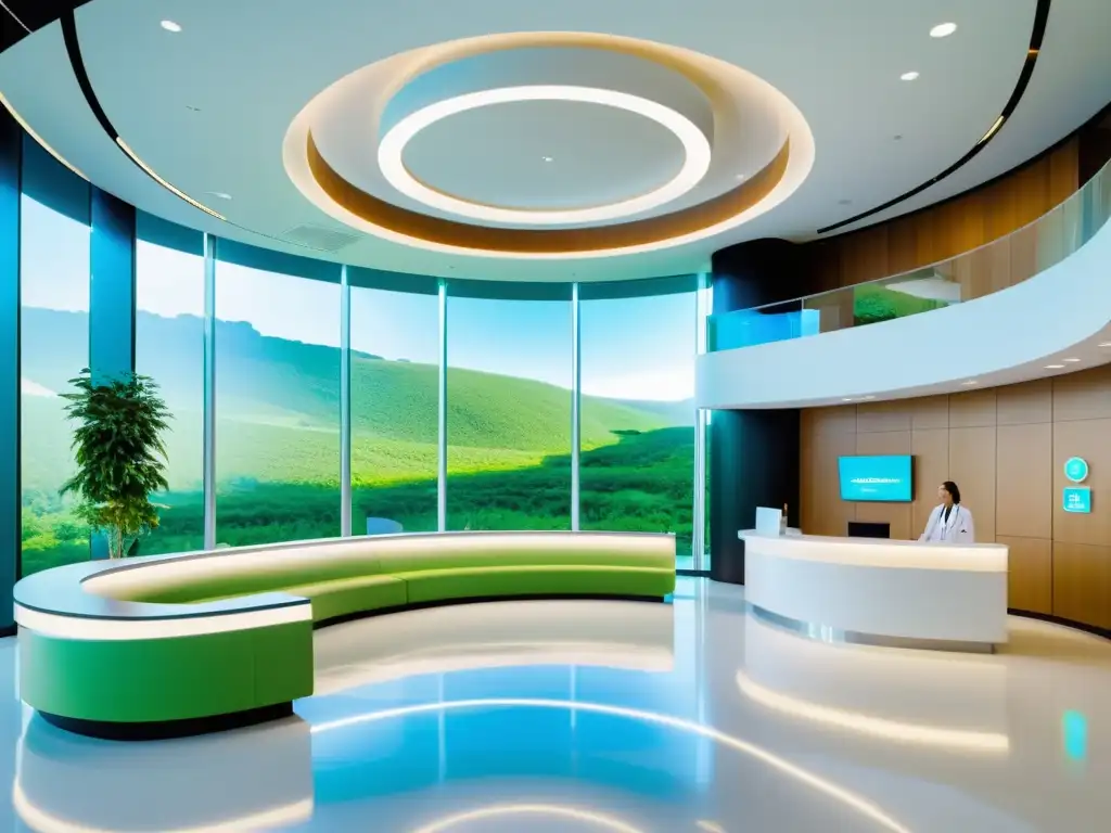 Recepción médica futurista y vanguardista con tecnología de punta Moderno lobby médico con tecnología avanzada y luz natural