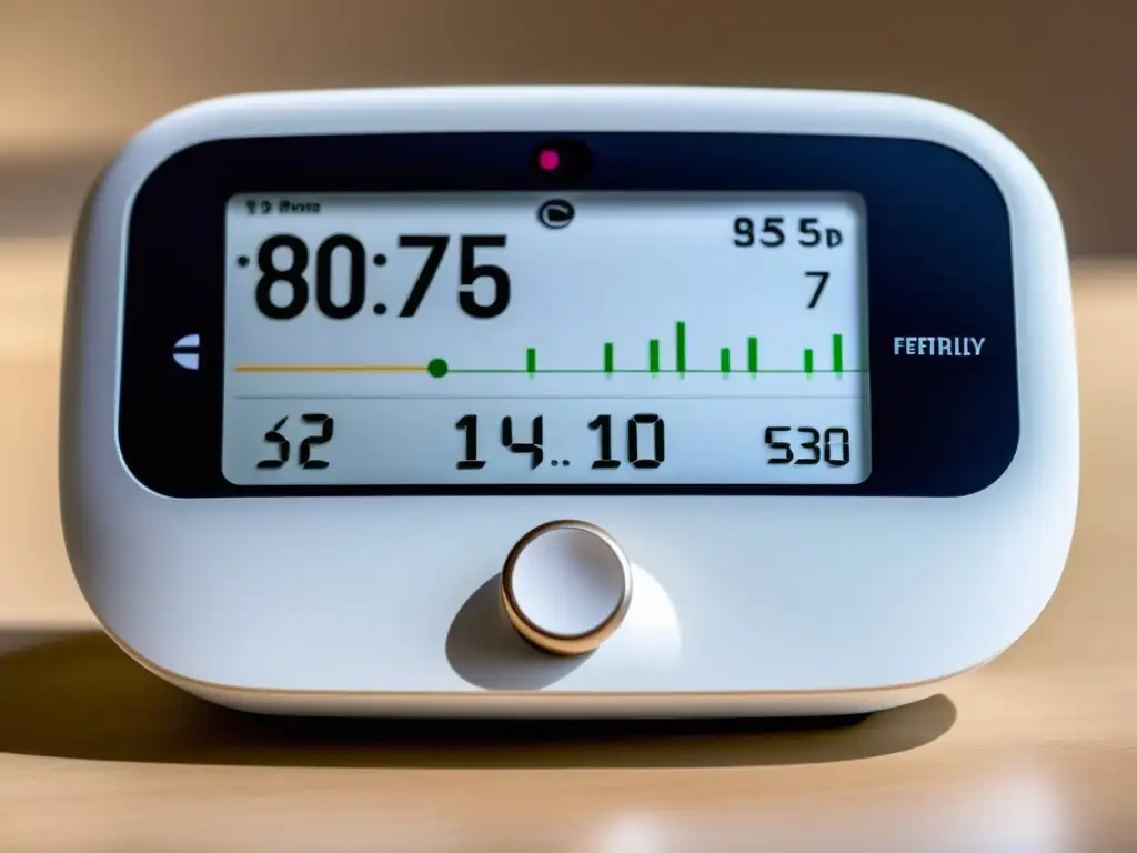 Un moderno monitor de fertilidad con diseño blanco y pantalla digital muestra niveles hormonales