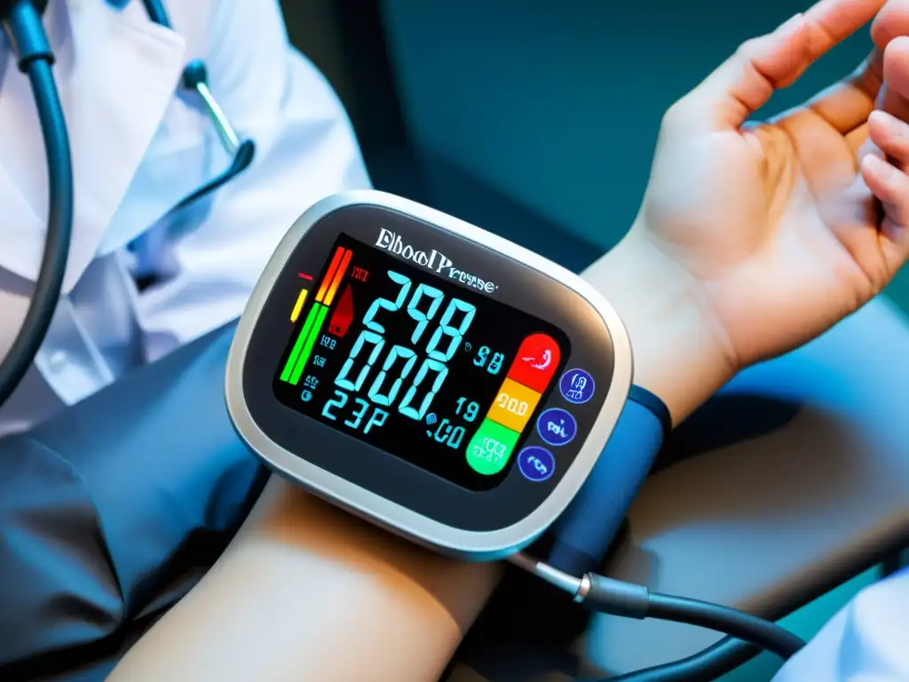 Monitor digital de presión arterial de alta tecnología en uso médico Un moderno monitor de presión arterial con diseño futurista, utilizado por un profesional de la salud en un entorno médico