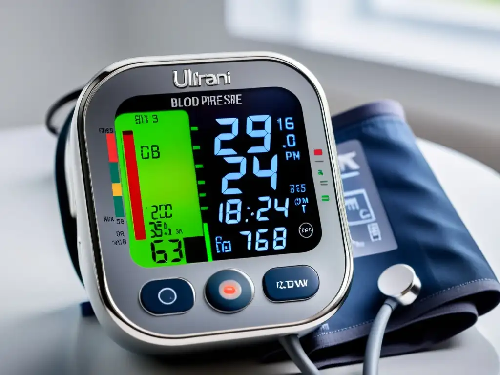 Monitor de presión arterial de alta tecnología: precisión y confiabilidad Un moderno monitor de presión arterial con tecnología avanzada y diseño sofisticado, mostrando lecturas claras