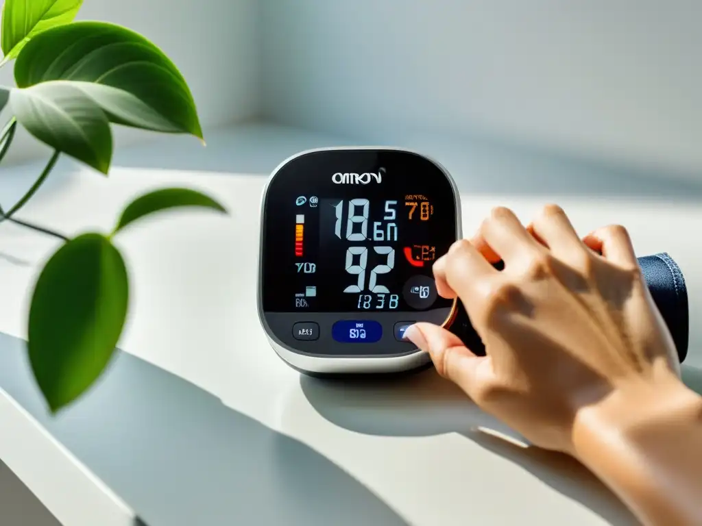 Un moderno monitor de presión arterial Omron Evolv en un entorno hogareño minimalista, con un ambiente de salud y bienestar